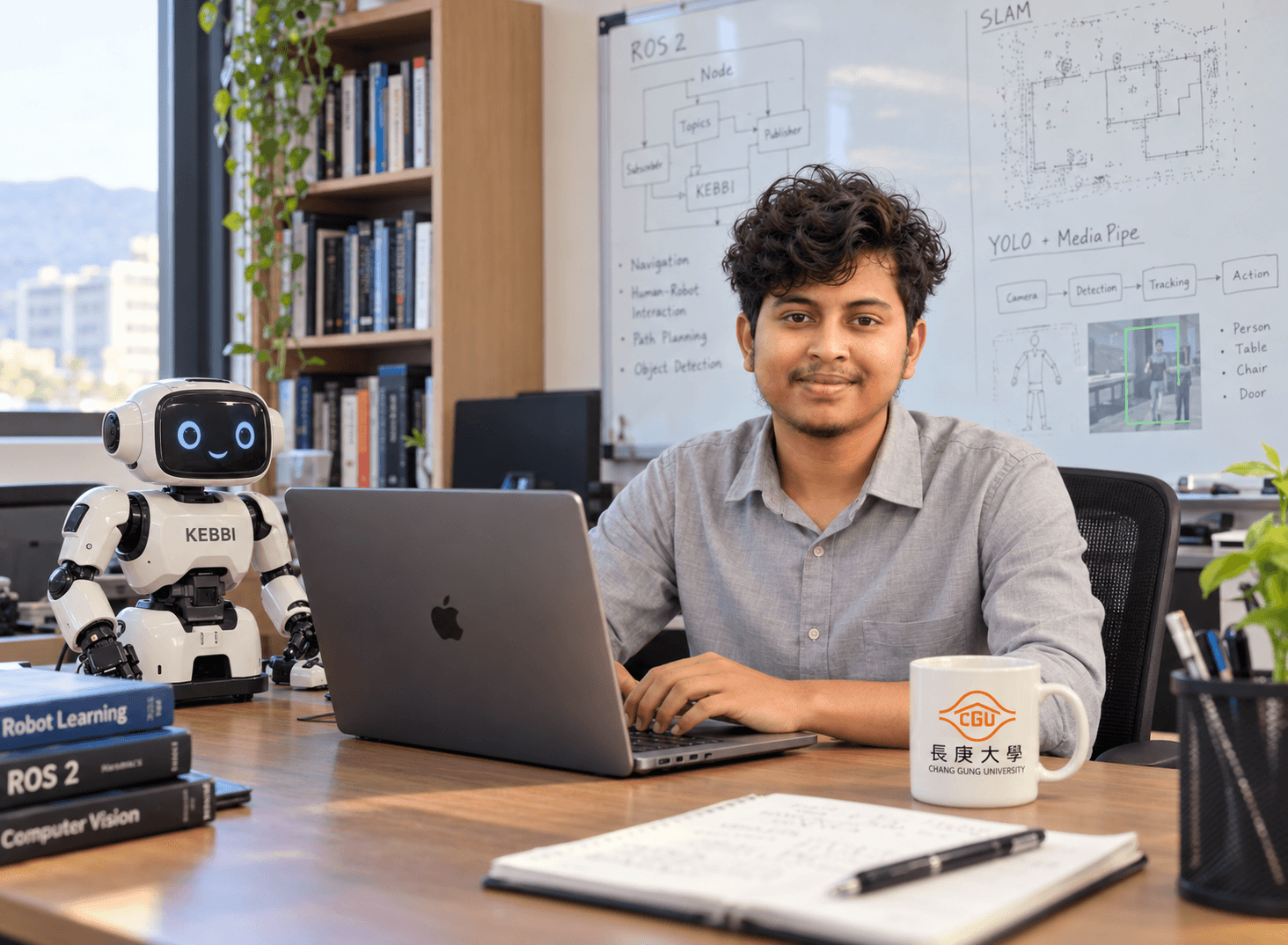 Shiv working on robotics research beside a service robot in a university lab